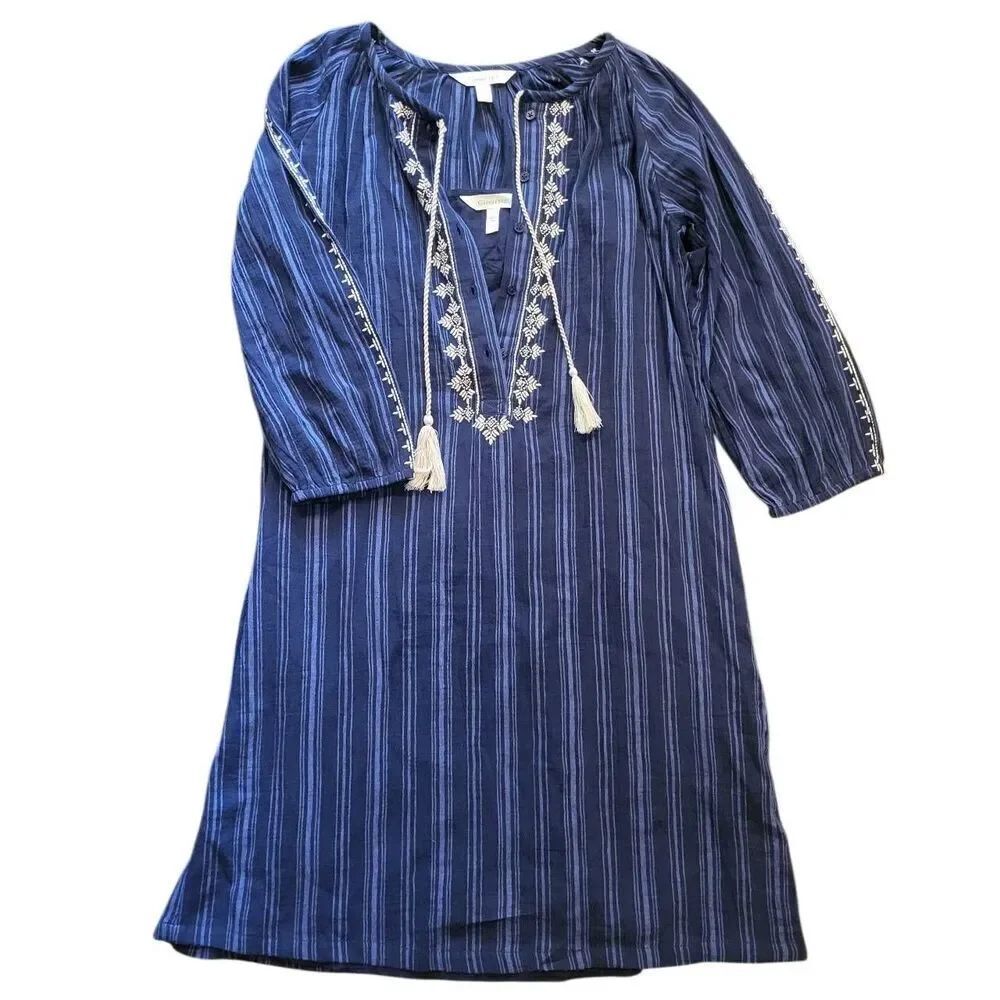 NWOT Garnet Hill Dress Women's XS Blue Embroidered Gauze Popover Stripe Mini